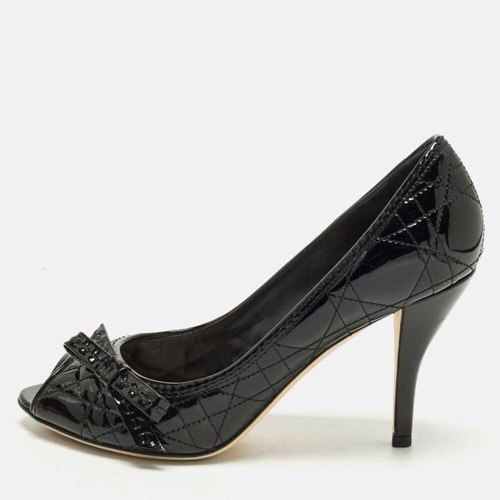 Dior Miss Dior Bow Size 36.5 Black Cannage Patent Leather Peep Toe Pumps